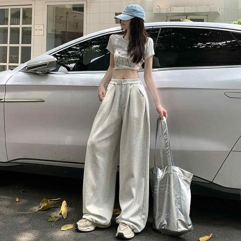 パンツ レディース 灰色 ワイドパンツ カジュアルパンツ 部屋着 ゆったり 高見え 高身長 トールサイズ ウエストゴム 綿 秋 御姐風 リラックス イージーパンツ