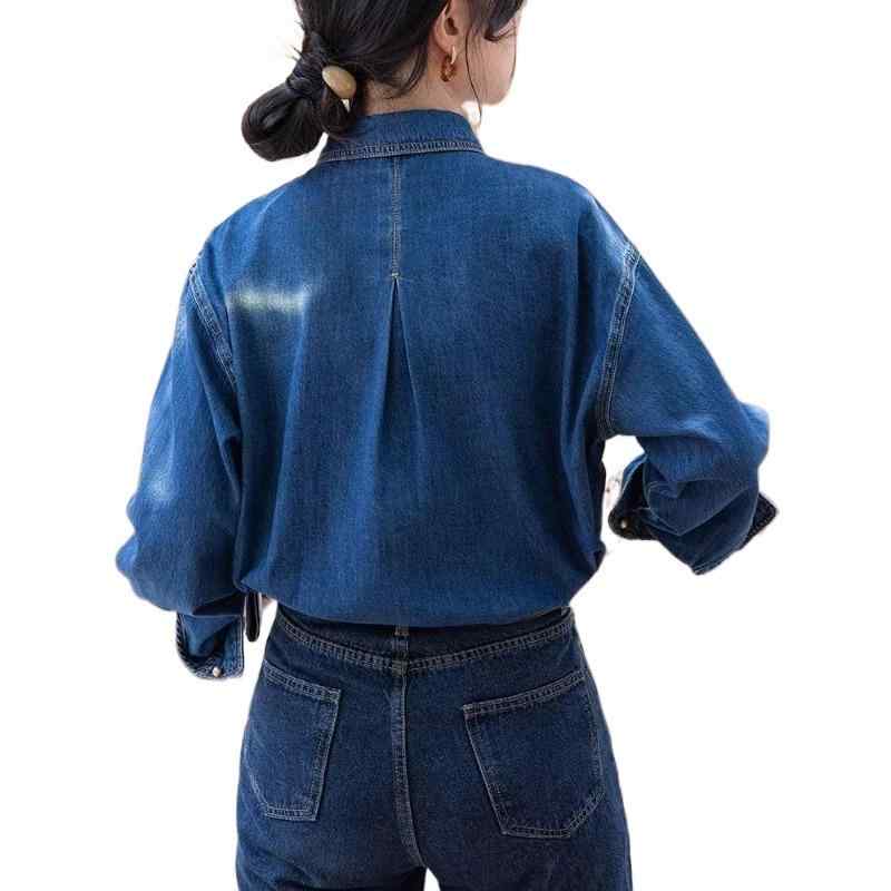 シャツ レディース デニム ブルー ポロ襟 長袖 接触冷感 伸縮性 ドロップショルダー トップス アウター