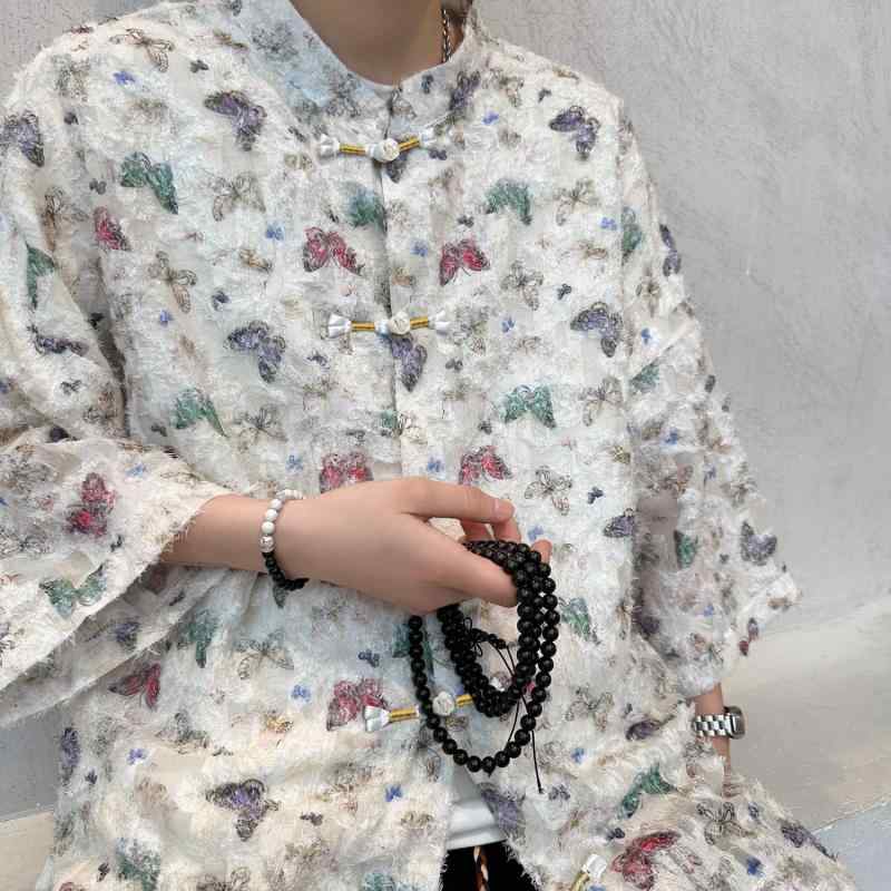 シャツ レディース 中国風 ゆったり 幾何学模様 プリンセススリーブ 半袖 接触冷感 立ち襟 ブルー系 花柄 M L XL 2XL 3XL 4XL 5XL