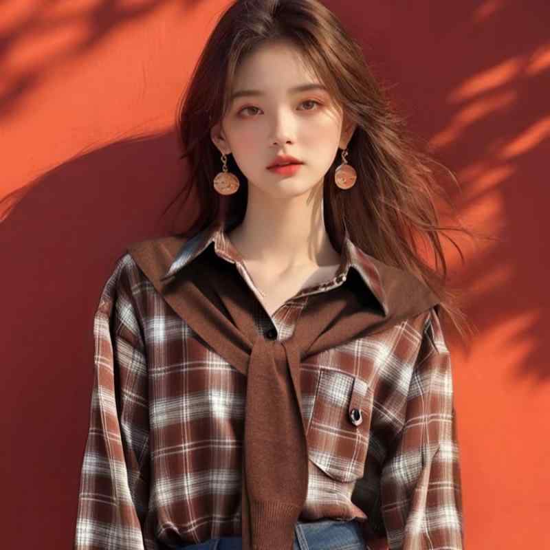 シャツ レディース 韓国風 レトロ ニット ショール 磨毛 長袖 格子柄 ショート丈 ブラウス 小柄 カジュアル トップス 深藍色套装 アンゴラレッド套装