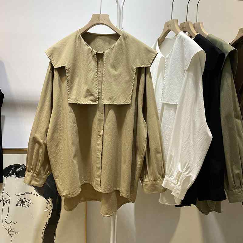 シャツ レディース ゆったり アクリル ポリエステル ドロップショルダー 娃娃襟 無地 カキ色 白 M L XL 2XL 3XL 気質 通勤