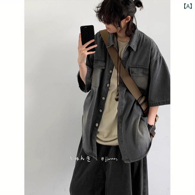プルオーバー 男女兼用 半袖 ウォッシュ工業 ジーンズ 濫りがわしい レトロ 細工物 黒いこと M L XL 2XL 3XL