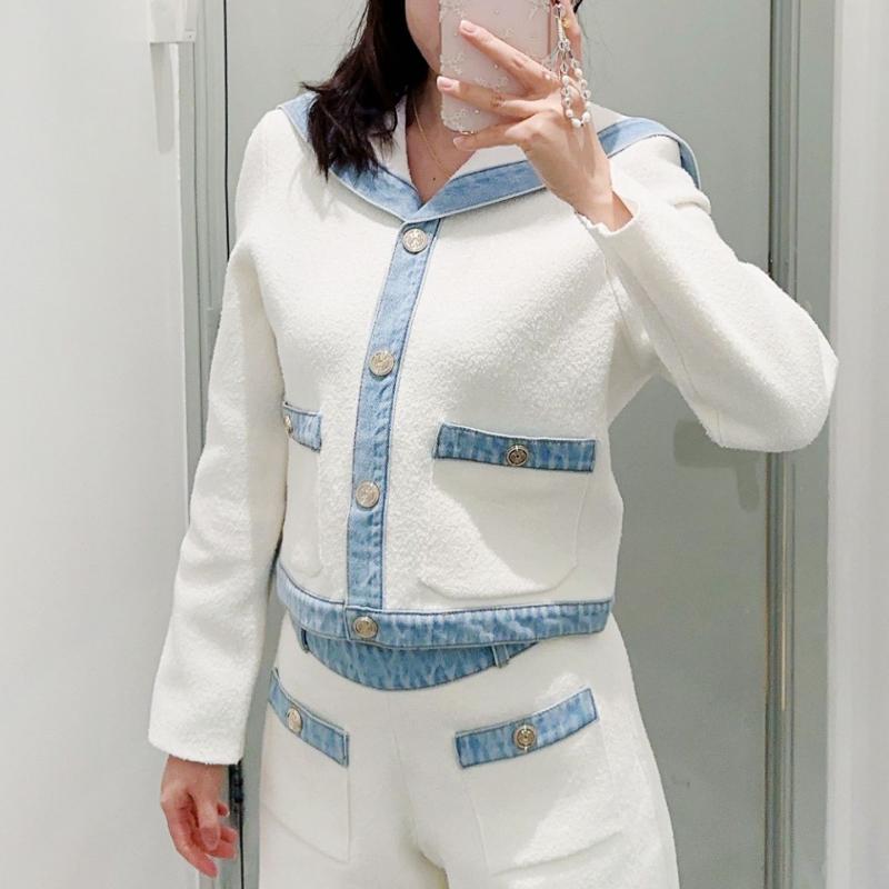 ニット レディース 春秋 長袖 カーディガン ショートパンツ セットアップ 上下セット 2点 海軍襟 マリンテイスト 配色 おしゃれ かわいい きれいめ 通勤 オフィス 普段使い 粘性繊維 白 ホワイト S M L XL