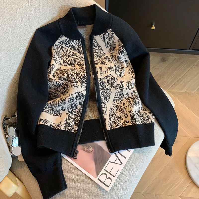 ニット カーディガン レディース 秋冬 ゆったり 厚手 幾何学模様 刺繍 長袖 ショート丈 立襟 ジップアップ 暖かい 韓国風 カジュアル ブラック