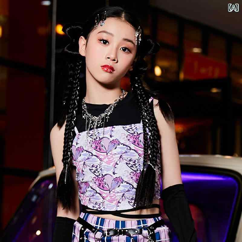 ダンス衣装 キッズ ガールズ ジャズダンス 衣装 セットアップ 紫色 トップス スカート 袖カバー レッグウォーマー ヒップホップ 女の子 子供 潮 舞台演出服 発表会 演奏会 ポリエステル