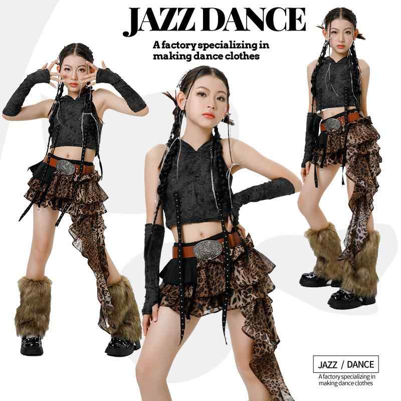 ダンス衣装 キッズ ヒョウ柄 切り替え トップス スカート セットアップ 子供 女の子 ガールズ 発表会 ジャズダンス 舞台 演出服 袖カバー付き ウエストベルト レッグウォーマー付き ポリエステル