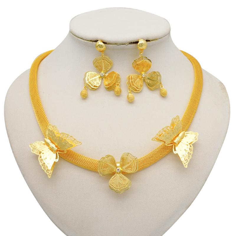 ネックレス レディース セットアップ 24K 金色 ゴージャス イヤリング アクセサリー ジュエリー 電気メッキ加工 中東 アフリカ 結婚式 パーティー 植物 花 流線形 ファッション 幾何学模様 アフリカ ヨーロッパ 東南アジア 北米