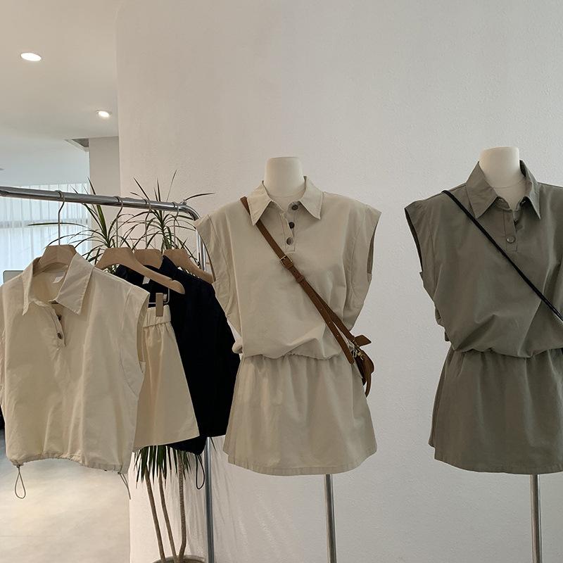 シャツ レディース ノースリーブ ブラウス + キュロットパンツ セットアップ 綿混紡 無地 韓国風 カジュアル 紺色 カーキ グレー オフホワイト ピンク