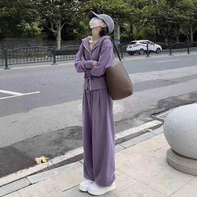 セットアップ レディース 秋冬 韓国風 スウェット ジップアップ パーカー ワイドパンツ 上下セット 部屋着 ルームウェア 長袖 ジャージ スポーツウェア 紫 グレー グリーン ピンク ブラック