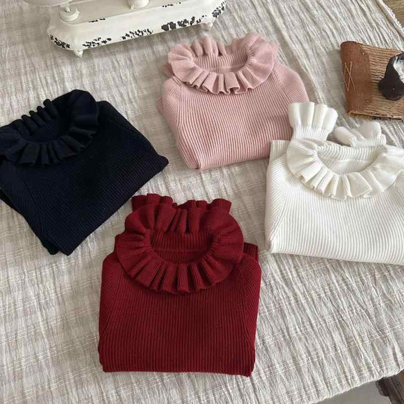 子供服 ニット セーター 女児 秋冬 レース襟 トップス ベビー服 赤色 ピンク系 白色 ベージュ 黒色 80 90 100