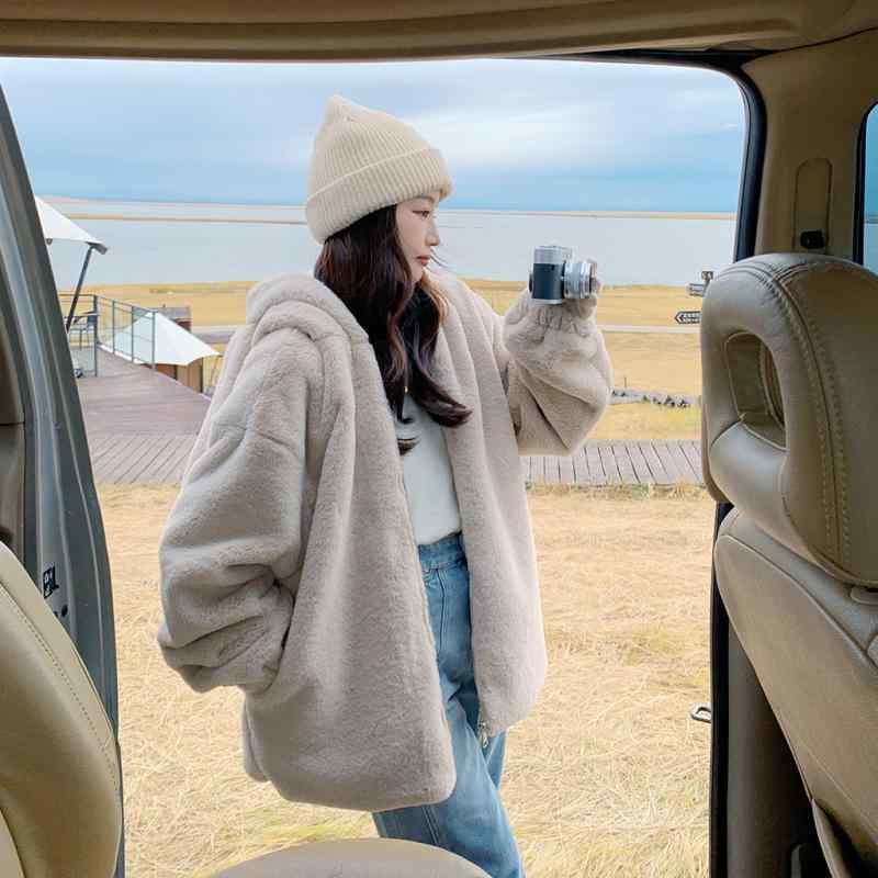 厚地の外套 レディース 秋冬 愛くるしげ 心地好い 韓国風 ラムウール風 上衣 アウター ボンネット付き添い人 ミルキー色合い ゆったり ふわふわ もこもこ その他-日用品雑貨・文房具・手芸