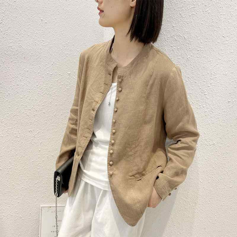 麻 リネン ジャケット レディース 春夏 スタンドカラー ゆったり 薄手 長袖 ショート丈 和風 アジアン テイスト アウター トップス ナチュラル ベージュ系｜シャドーテール
