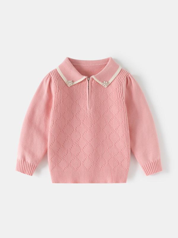 子供服 ニット・セーター 女の子用 トップス 長袖 ハーフジップ 春秋 冬 普段使い かわいい 織り柄 ピンク系 アイボリー グレー 100 110 120 130 140