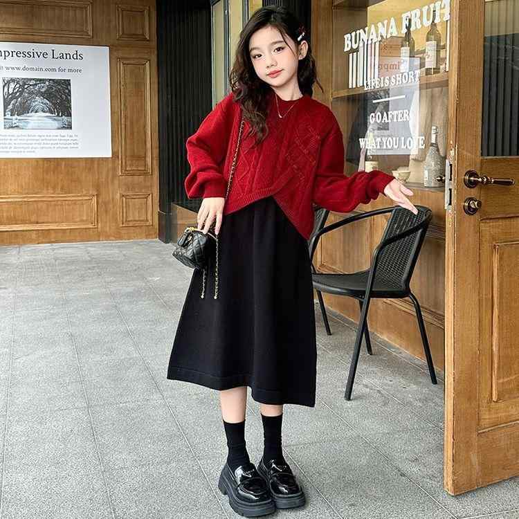 ワンピース 女の子 ニット ベスト 2点セット 中国風 レッド ブラック 春秋 冬 長袖 チュール スカート かわいい おしゃれ ガールズ 子供服 普段着 発表会 お出かけ