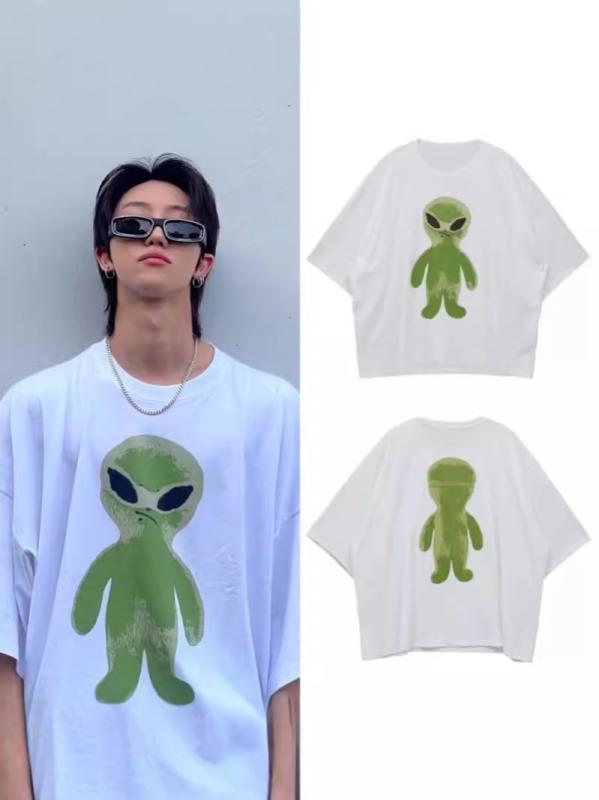 Tシャツ 男女兼用 ストリート アニメプリント 綿 半袖 蝙蝠袖 ゆったりサイズ ホワイト