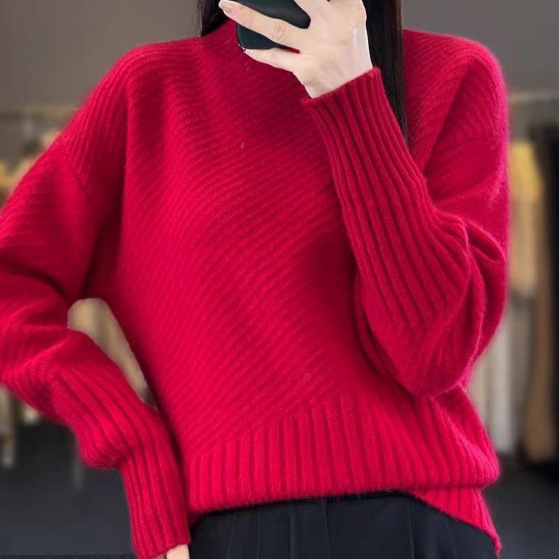 ニット レディース 秋冬 ハーフネック 幾何学模様 ジャガード 厚手 リブ編み プルオーバー トップス 長袖 ゆったり カジュアル 黒 赤 黄色 キャメル アイボリー