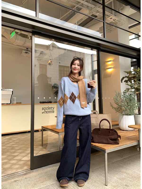 ニット レディース Vネック 菱形柄 ドロップショルダー プルオーバー ミドル丈 セーター ゆったり アイボリー ブルー系 秋冬｜シャドーテール