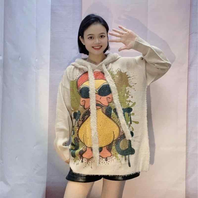 ニット レディース パーカー ミドル丈 ゆったり 再生繊維 厚手 ラウンドネック 長袖 トップス アメカジ ストリート カジュアル おしゃれ 墨鏡鴨子