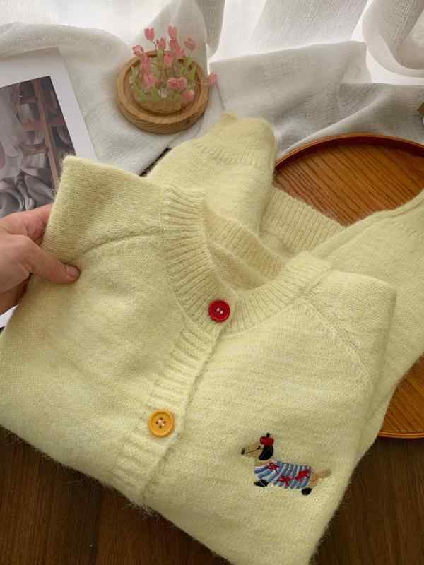 ニット レディース カーディガン かわいい 犬 刺繍 羊毛 混 トップス ゆったり ラウンドネック 長袖 灰色