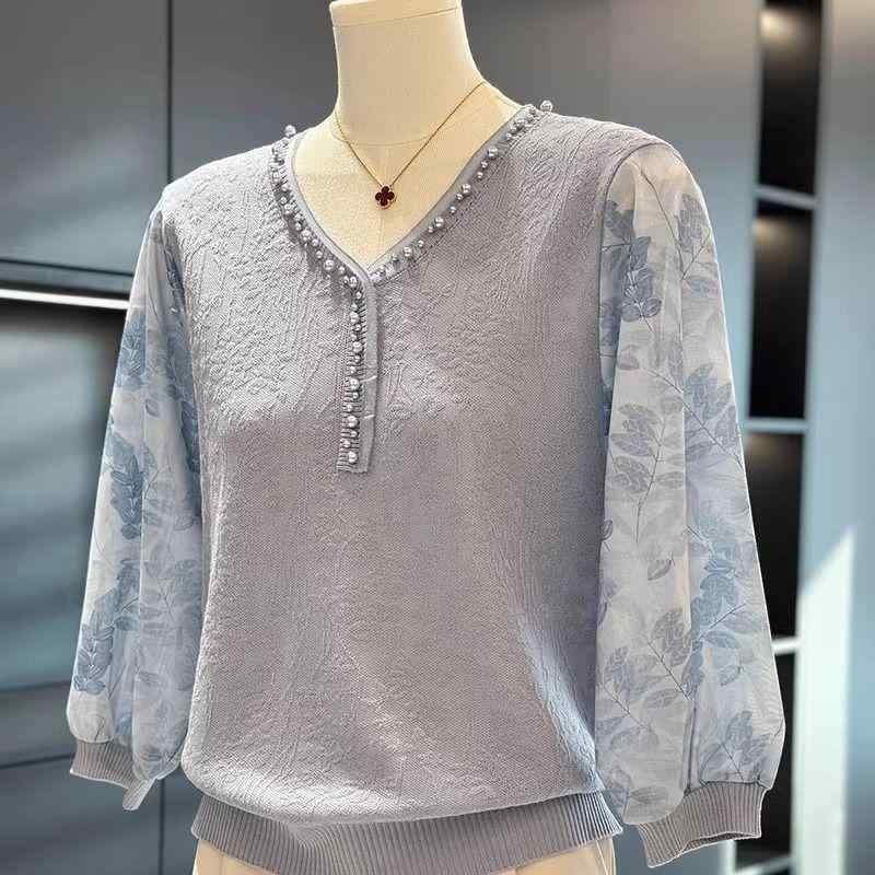 ニット セーター レディース ママ 春物 トップス Vネック 長袖 シフォン レース 切り替え チュール 異素材 ドッキング 薄手 青 ブルー ピンク系 きれいめ 上品 通勤 オフィス