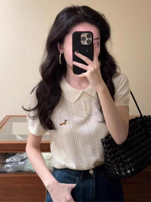 Tシャツ レディース 韓国風 刺・墸 ニット 半袖 ポロシャツ 襟付き トップス イエロー ホワイト ピンク系 ゆったり 普段使い 通勤着