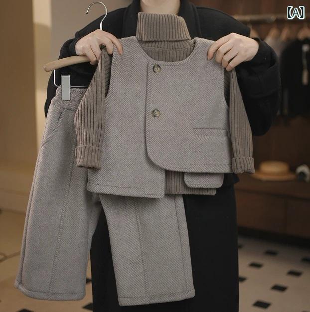 子供用セットアップ 秋冬 ニット トップス パンツ ベスト 3点セット 男の子 女の子 韓国風 無地 厚手 暖かい 防寒 普段着