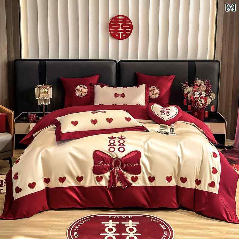 寝具 臥榻備品 臥榻敷き妙 4点仕掛ける 御芽出度 新居 赤いこと 寝具押しかぶせる仕掛ける 臥榻パッド 枕押しかぶせる 座布団 中綿入り口・入口 一緒になる祝賀会 ラッキーアイテム