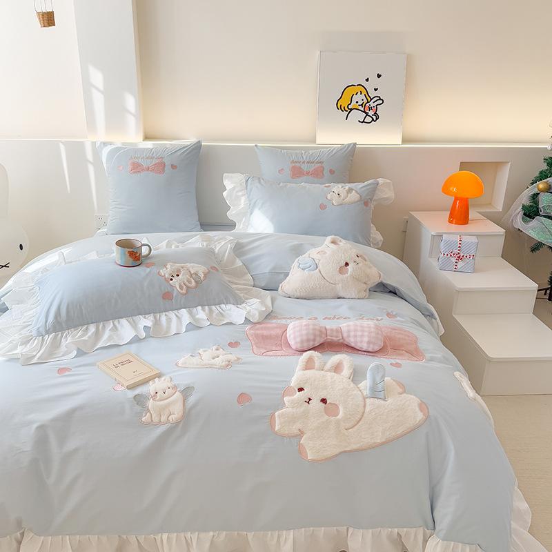 布団カバーセット 春夏 かわいい ウサギ ベッド用品 学生 寮 女の子 ベッドシーツ 枕カバー 綿100% 柔らかい 洗える 立体 うさぎモチーフ ピンク系 ブルー系