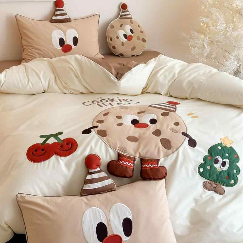 布団カバーセット 学生 子供部屋 キャラクター風 刺繍 綿100% ベッドカバー Sサイズ Mサイズ Lサイズ かわいい パン柄 クッキー柄
