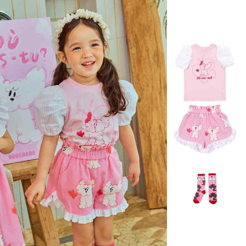 キッズ 女の子 半袖Tシャツ ショートパンツ 上下セット コットン 夏服 かわいい カートゥーン アニマル プリント ピンク系 ホワイト系 ソックス ヘアアクセサリー