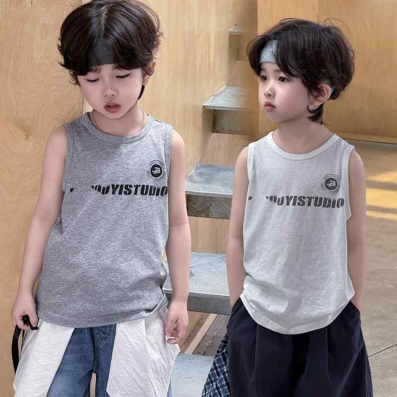 子供服 タンクトップ 男の子 薄手 ノースリーブ Tシャツ トップス プリント コットン100％ 普段着 ルームウェア 花灰 アイボリー