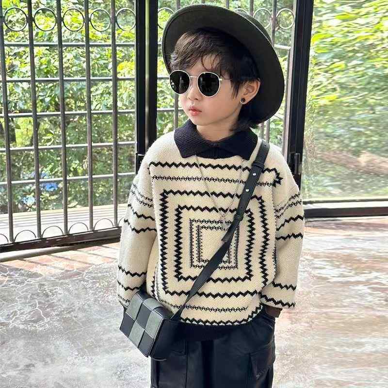 ニット 子供服 男の子 レトロ 厚手 秋冬 冬 襟付き ポロシャツ トップス 長袖 綿 学院風