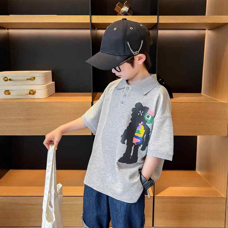 子供服 半袖Tシャツ ポロシャツ 男の子 夏服 トップス 8歳以上 140cm以上 スポーツ カトゥーン アルファベット かわいい プリント 潮 B類 翻領 グレー