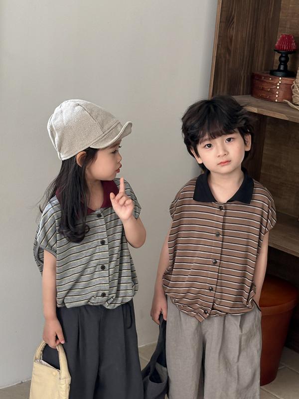 子供服 ポロシャツ 半袖 ベビー ボーイズ ガールズ ストライプ柄 コットン トップス 80 90 100 110 120 130 140 グレー カーキ レトロ 森ガール