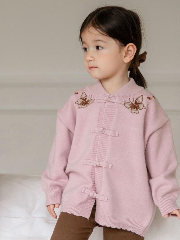 ニット・セーター ガールズ 子供服 カーディガン 春秋 刺繍 蝶 Vネック チャイナ風 レトロ ニット トップス
