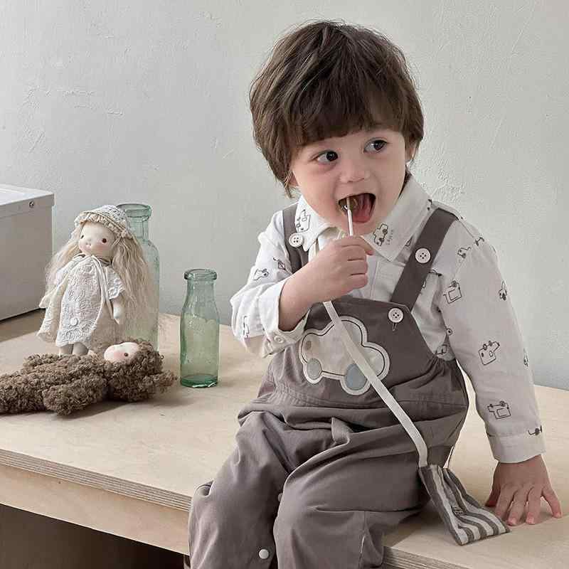 キッズ 長袖シャツ & 背当てパンツ 上下2点セット 春秋 A? 綿100% ボーイズ 幼児 ストライプ カートン