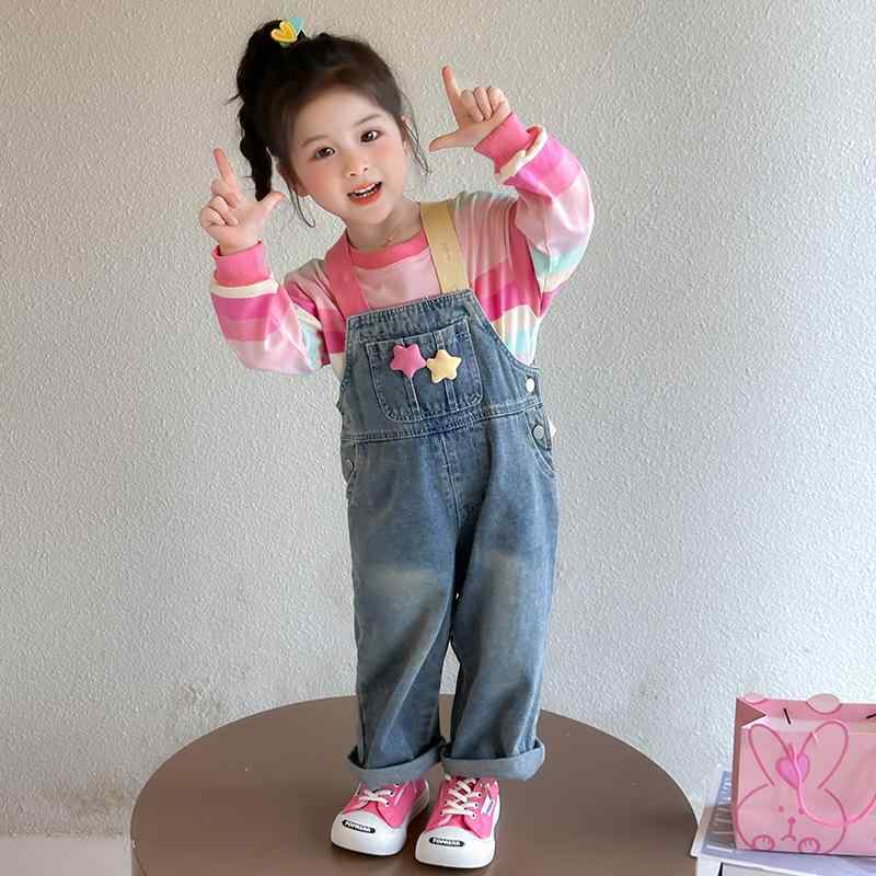 キッズ デニム オーバーオール セットアップ 春秋 長袖 ストライプ スウェット 2点セット 子供 女の子 かわいい ガールズ 普段使い