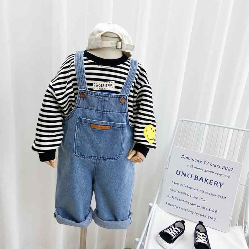 子供服 オーバーオール 男の子 ベビー デニム ロングパンツ 春秋 綿70%以上 ストライプ トップス 上下セット ブルー 80 90 100 110 120 130 140cm