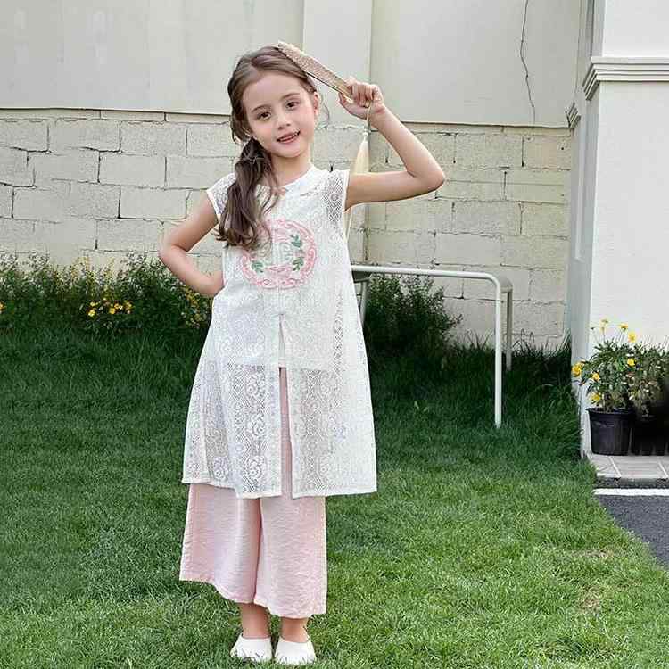 赤ちゃん用セットアップ 御姉さん 夏服 レーストップス 広広としたズボン下 2点仕掛ける 中国風 薄っぺら 妃殿下 愛くるしげ 着飾る着 普段着