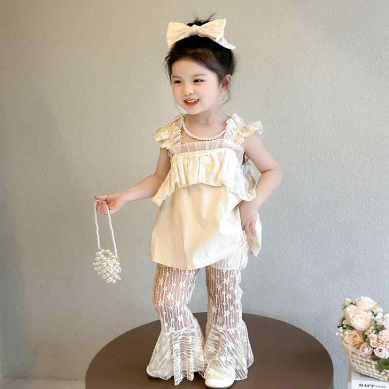 キッズ 女の子 夏物 上下セット 子供服 タンクトップ ノースリーブ レース パンツ 2点 セットアップ 薄手 通気性 快適 涼しい 普段着