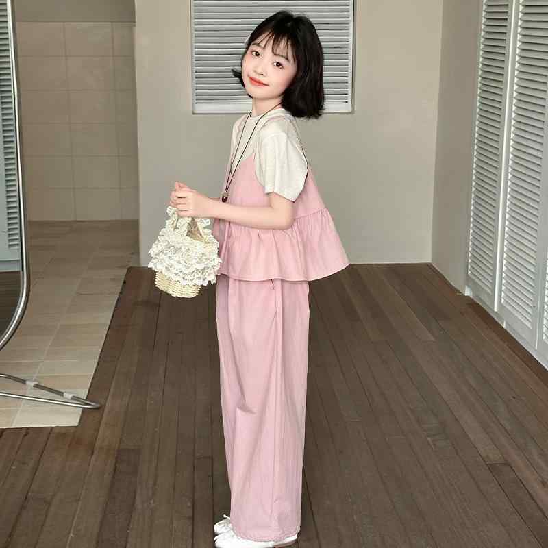 子供服 女の子 夏物 パンツセット 3点セット キャミソール 半袖 ワイドレッグパンツ 薄手 120cm 130cm 140cm 150cm 160cm 170cm ピンク系 カーキ色 普段着 レジャー