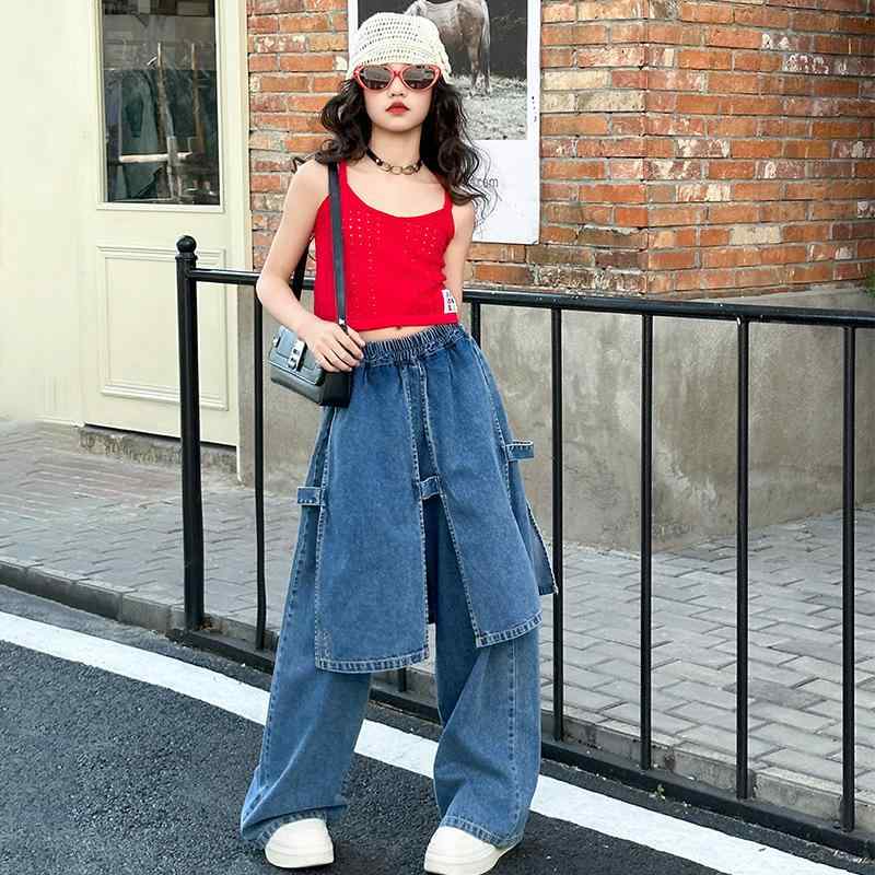子供服 デニム ワイドパンツ 女の子 夏 薄手 高学年 ロングパンツ かわいい オシャレ 高見え レッド 赤色 接触冷感 ブルー 青色 120 130 140 150 160 170