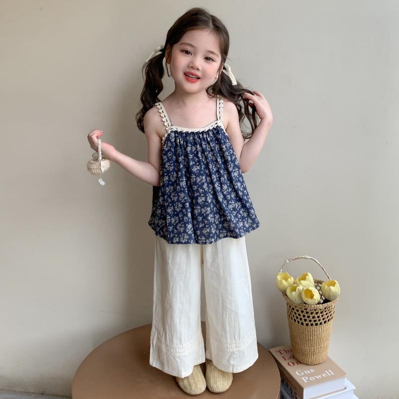 キッズ 女の子 セットアップ 夏服 花柄 キャミソール ワイドパンツ 2点セット 薄手 普段着 おしゃれ かわいい ガールズ 子供服 ブルー