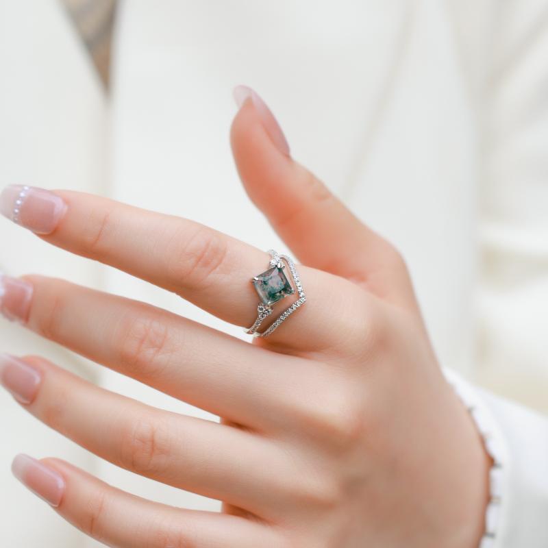 指輪 レディース S925 シルバー 水草瑪瑙 リング 瑪瑙 苔 幾何学模様 レトロ ファッション 通勤 エレガント かわいい 四角 厚銀白金｜シャドーテール