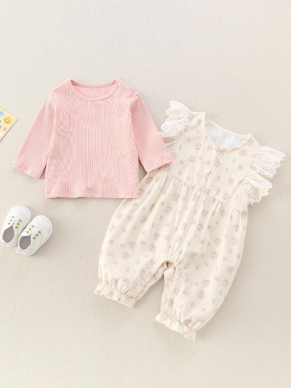 ベビー服 女の子 春秋 長袖ロンパース 小花柄サロペット 2点セット 綿70% 73cm 80cm 90cm 100cm かわいい 韓国風 ピンク系