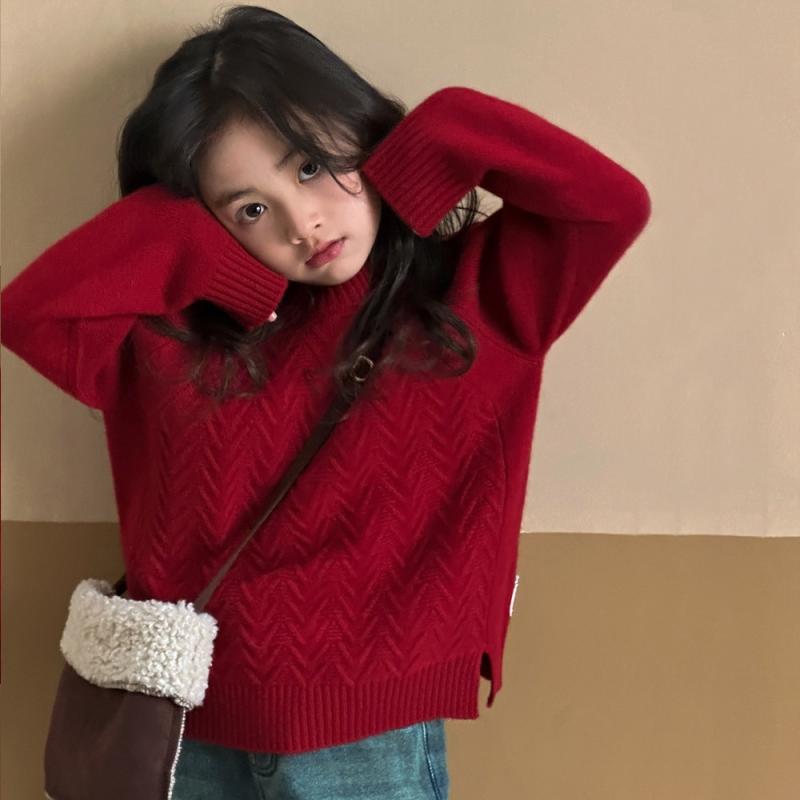 ニット キッズ 女の子 冬服 子供服 セーター 長袖 トップス プルオーバー 丸首 リブ編み 無地 かわいい 普段着 通学着 秋冬 あったか