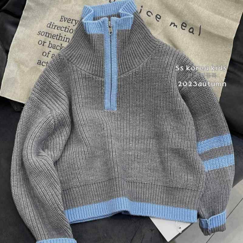 ニット キッズ 男の子 秋冬 ジップアップ スタンドカラー セーター 子供 服 トップス 普段着 遊び着 防寒 暖かい グレー
