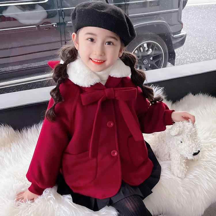 子供服 女の子用 ウールコート 裏地コットン 厚手 ラウンドネック 長袖 かわいい 蝶結び ショート丈 アウター 秋冬 ワインレッド系