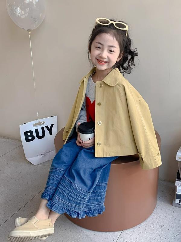 子供服 ジャケット 女の子 春秋 ショート丈 トレンチコート 英国風 アウター 長袖 カーキ色 100cm 110cm 120cm 130cm 140cm 150cm 綿100%