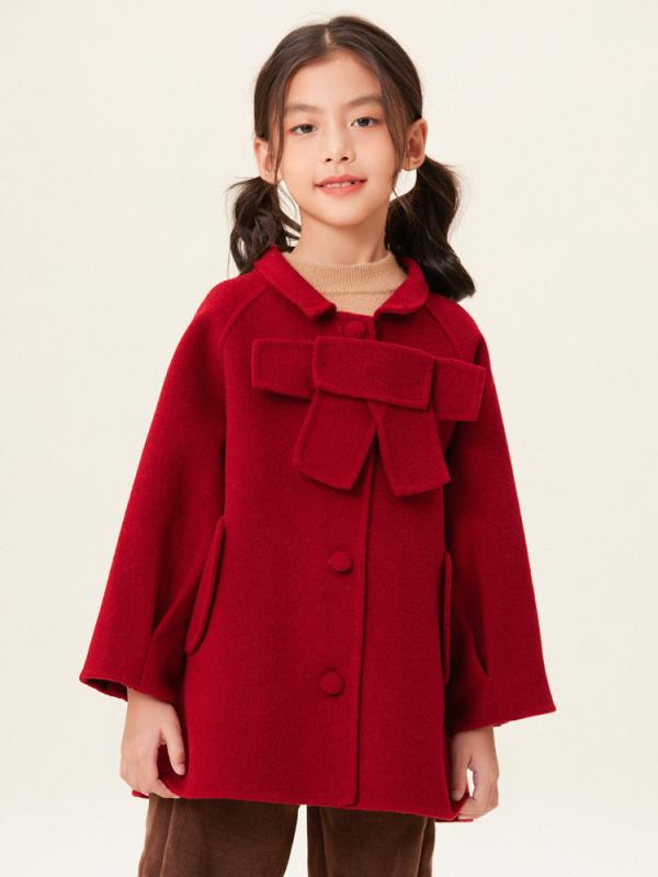 赤ちゃん服 羊毛厚地の外套 うしろ帯 秋冬 中朦々たる 新年 赤いこと アウター 襟付き添い人 無地 真っただ中丈 窈窕たる 可愛らしい ガーリー 防寒 通園 通学 お出かけ着